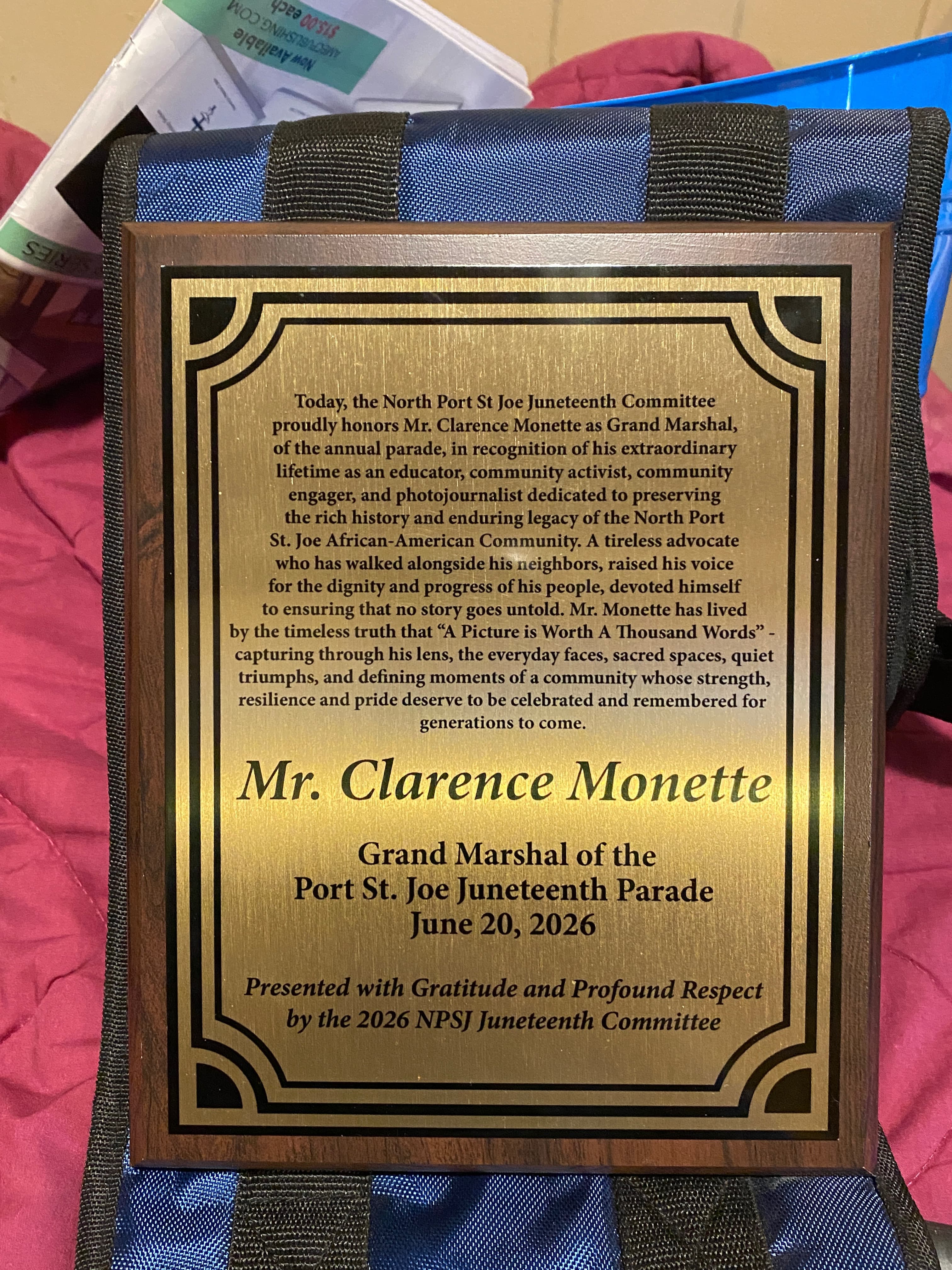 Grand Marshal plaque honoring Mr. Clarence Monette for the Port St. Joe Juneteenth Parade 2026